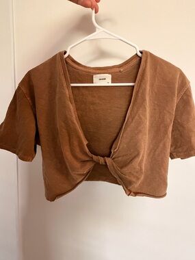 Joah Brown Cropped Tie-Front Top in Warm Brown